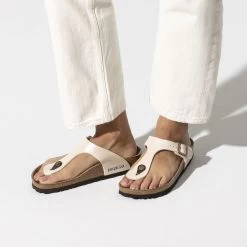 Birkenstock Gizeh Pearl White Birko-Flor Sandals - Regular -Fashionable Clothing Store 943873 f closeup f
