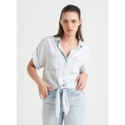 Black Tape Short Sleeve Tie Front Tencel Blouse