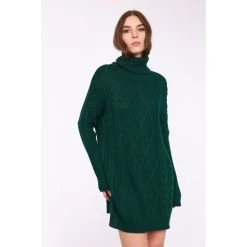 Pistache Cable And Braided Knit Turtleneck Dress