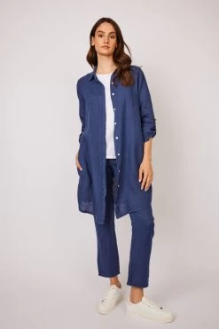 Pistache Button Down Linen Blouse Dress W/ Pockets